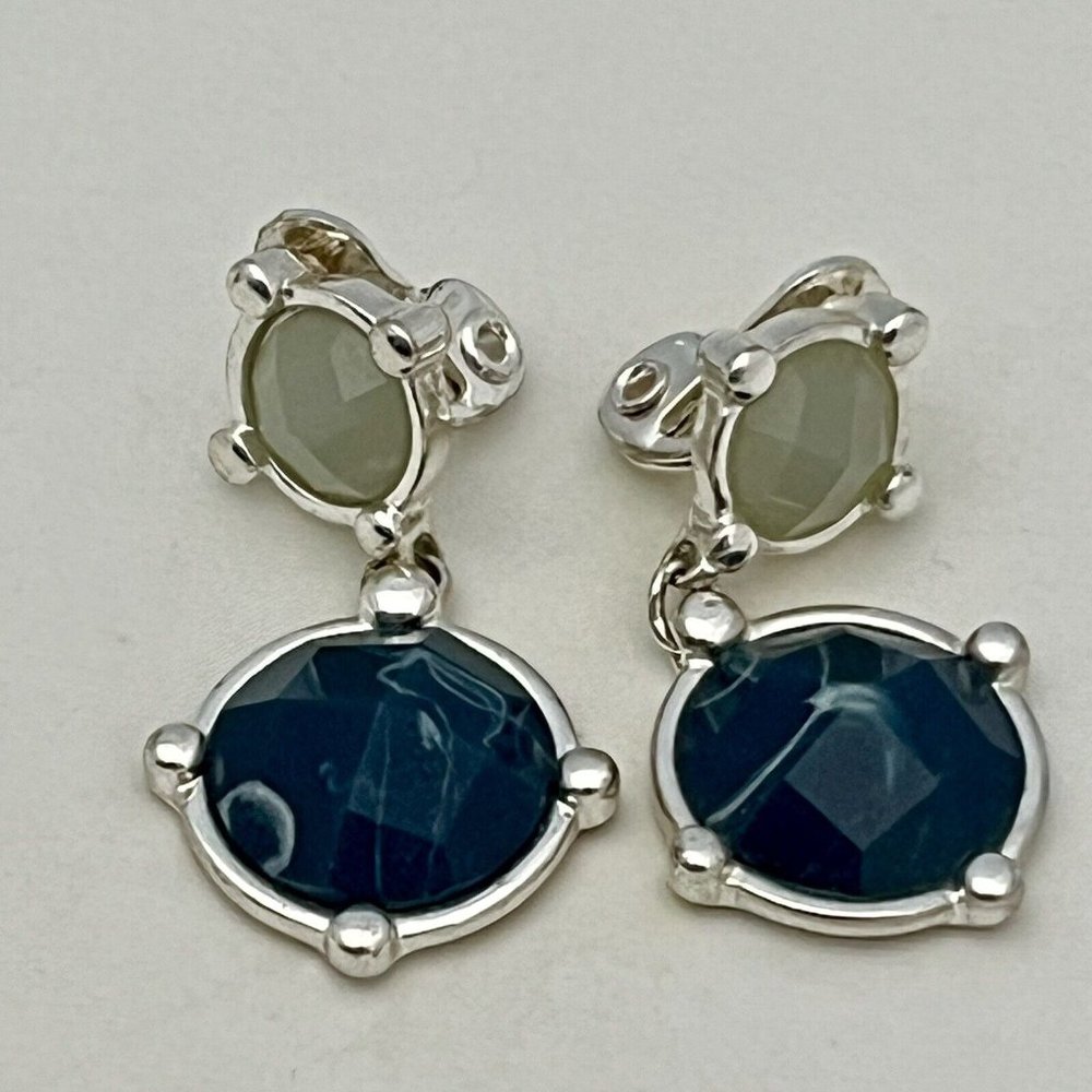 Napier Blue And White Stone Silver Tone Dangle Drop Clip On Earrings